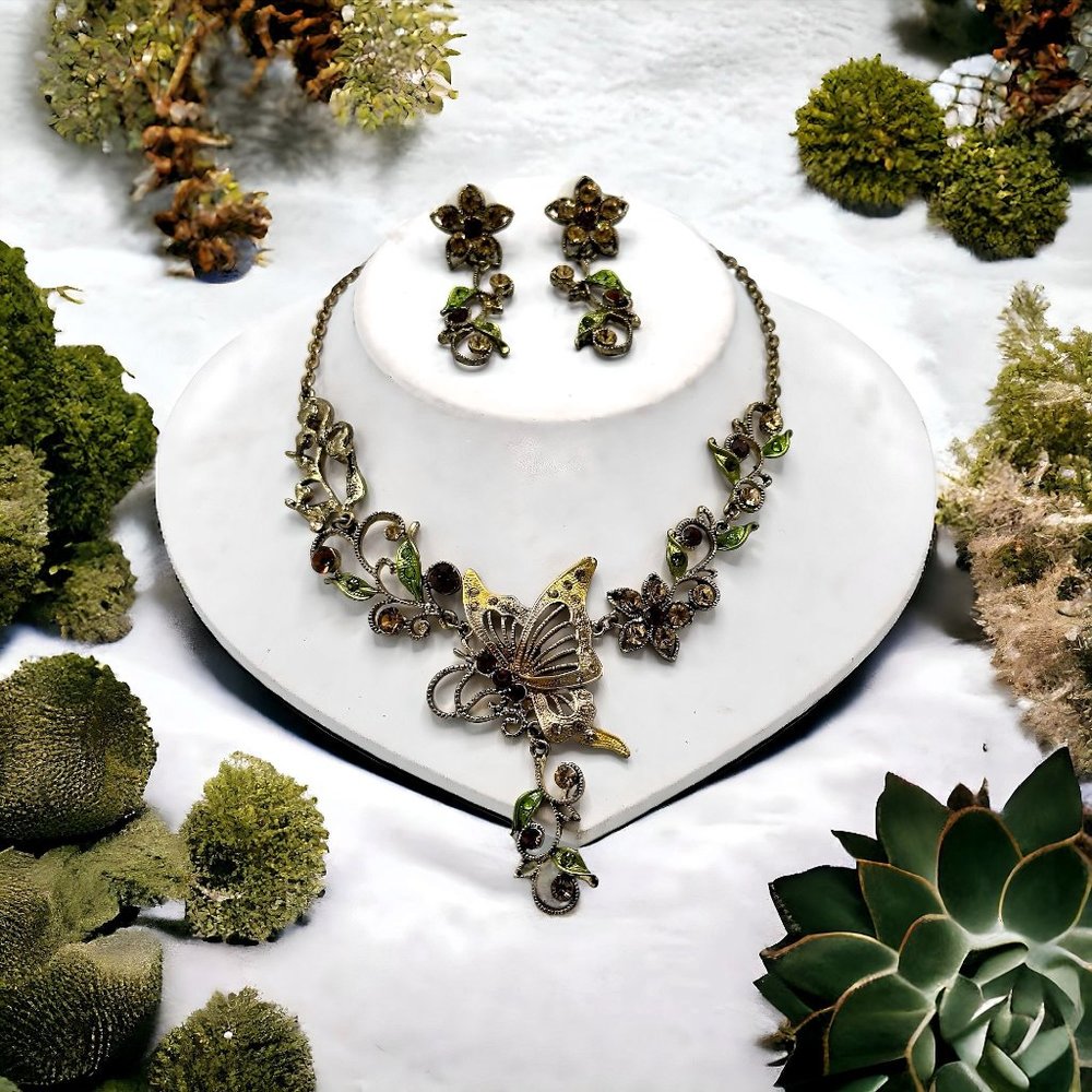 Boutique Ornate Floral Goldtone Butterfly Necklace and Dangling Earrings Set